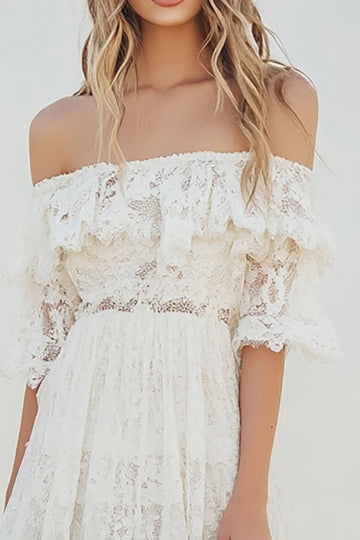 White Lace Off the Shoulder A Line Midi Boho Graduation Dress with Flare Sleeves